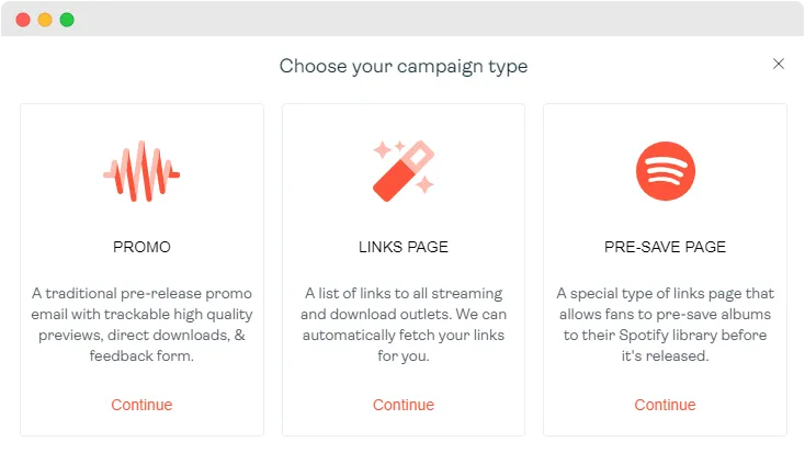 Choose your campaign type: Promo, Links Page, or Pre-Save Page
