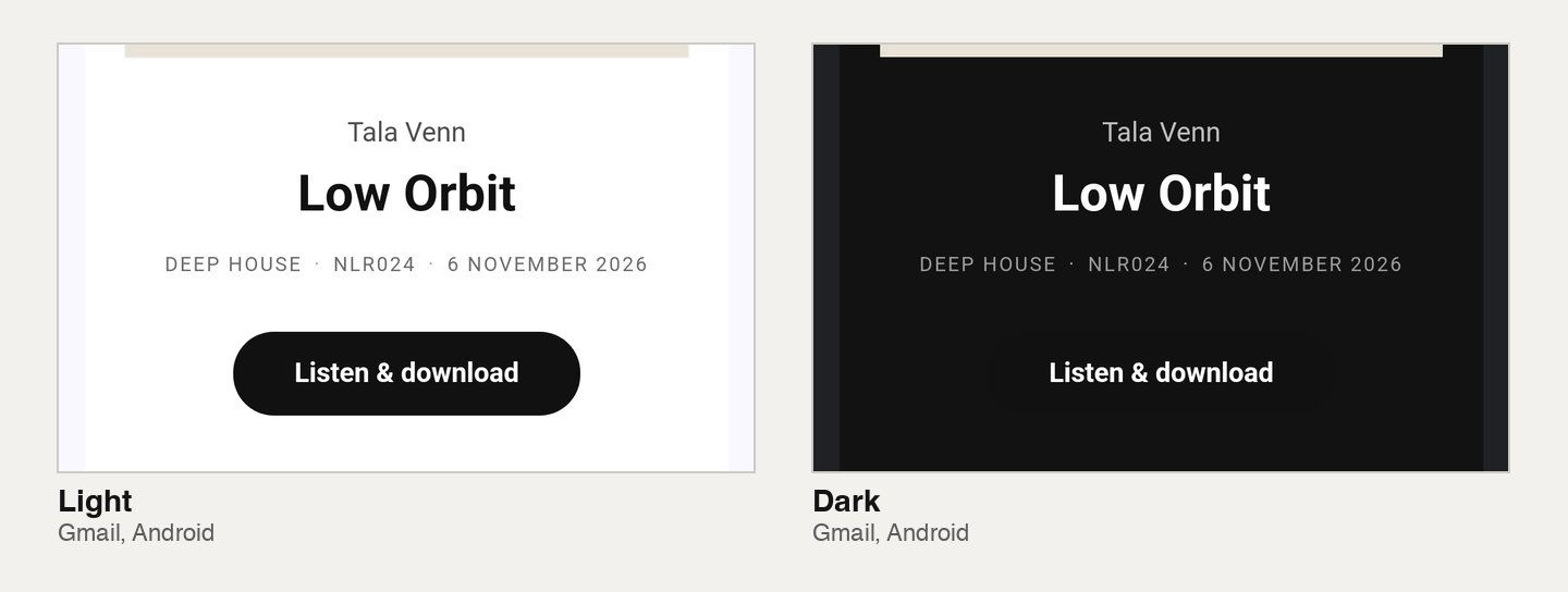 The title block and button in Gmail for Android. In light mode, a black pill button on a white page. In dark mode, the same black pill on a near-black page, with only its white label clearly visible.