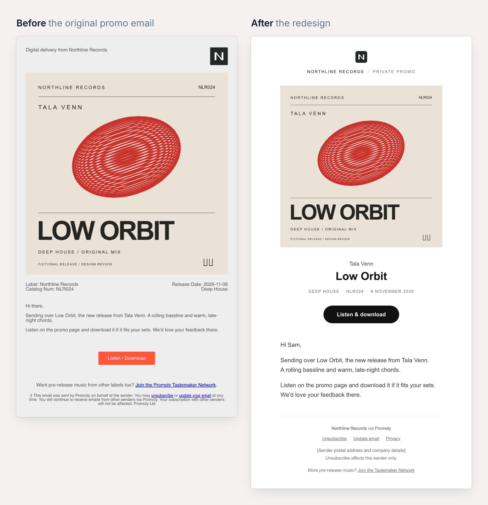 The original promo email beside the redesign, both at full length. Before: a grey frame, release details in label-and-value pairs, a small orange button below the message and a long legal footer. After: a white single column with a small label logo, the cover, a centred title block, a black Listen and download button above the message, and a short footer.