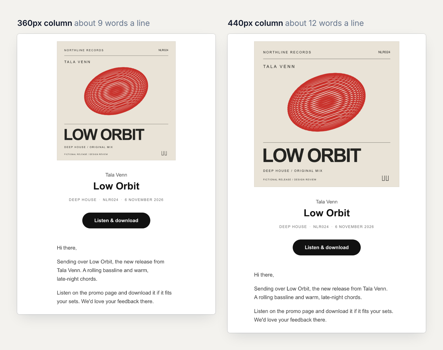 The same message in two email layouts. On the left, a 360px cover and column with short lines of about nine words. On the right, a 440px cover and column with longer lines of about twelve words.
