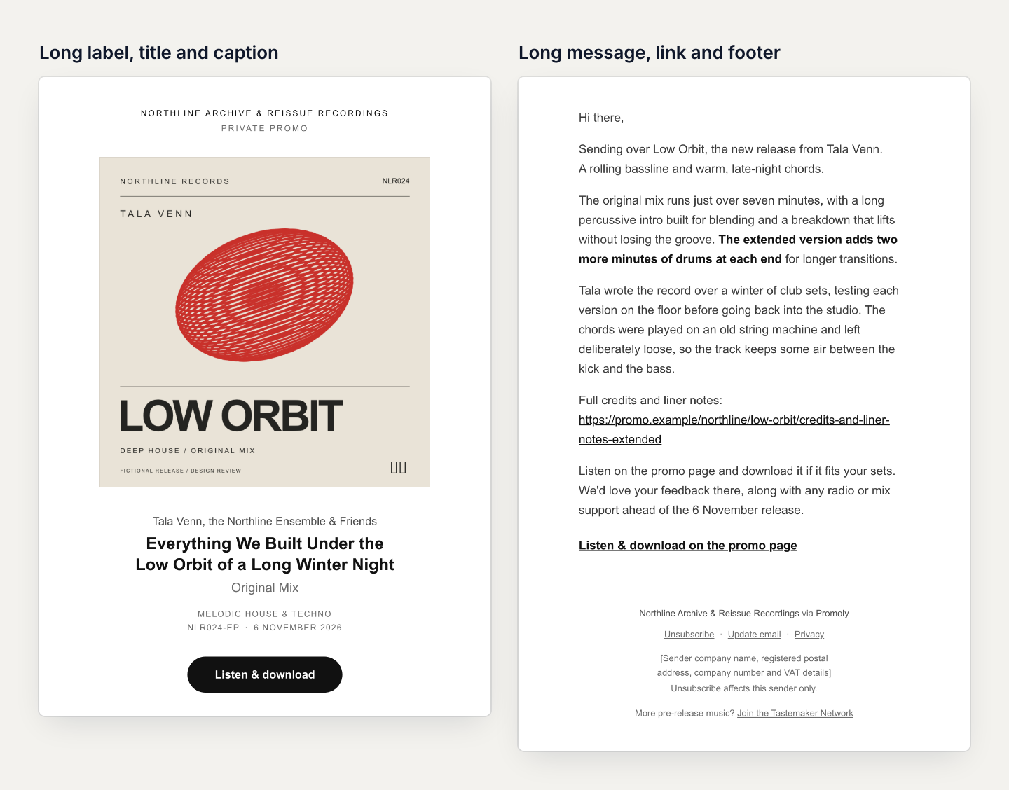 One stress-test email split into two halves. The top half shows a long label name on two lines, a cover, a 62-character title on two balanced lines with Original Mix on its own line, and a stacked caption. The bottom half shows a long message with a wrapped link, a closing link and a long footer.
