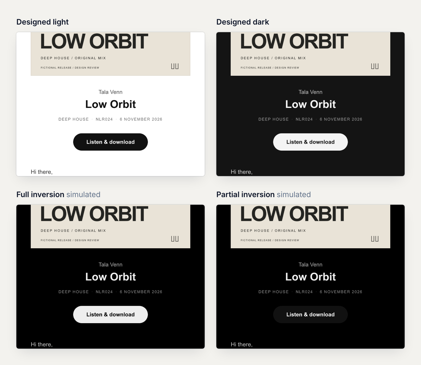 Four crops of the same email around the title and button. Designed light: a black button on white. Designed dark: a light button on a near-black page. Full inversion: a light button on black. Partial inversion: a charcoal button that almost disappears into a black page.