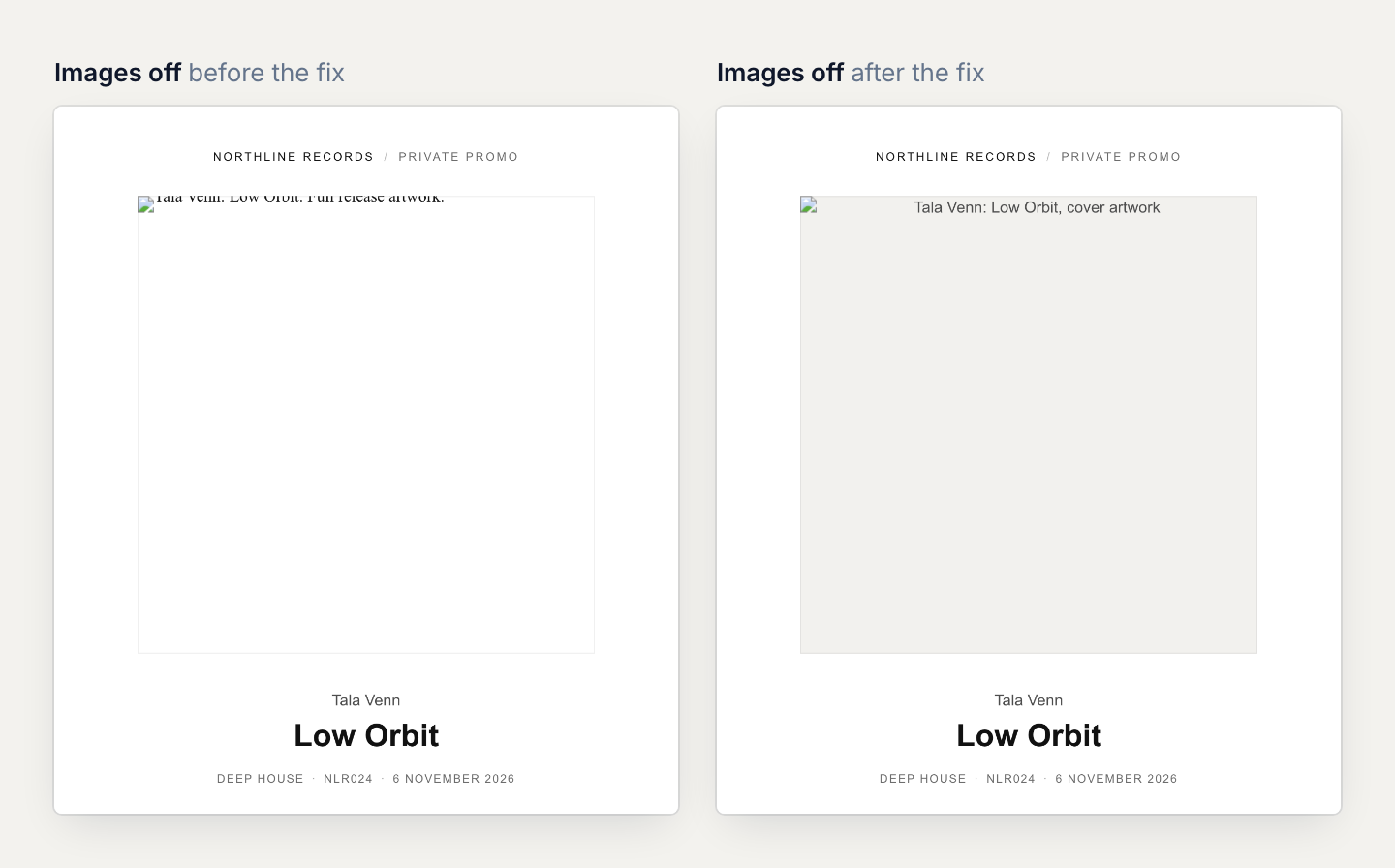 The email with images blocked, twice. Before the fix: a blank white box with clipped alt text at its top edge. After the fix: a light grey box with the readable caption Tala Venn: Low Orbit, cover artwork.